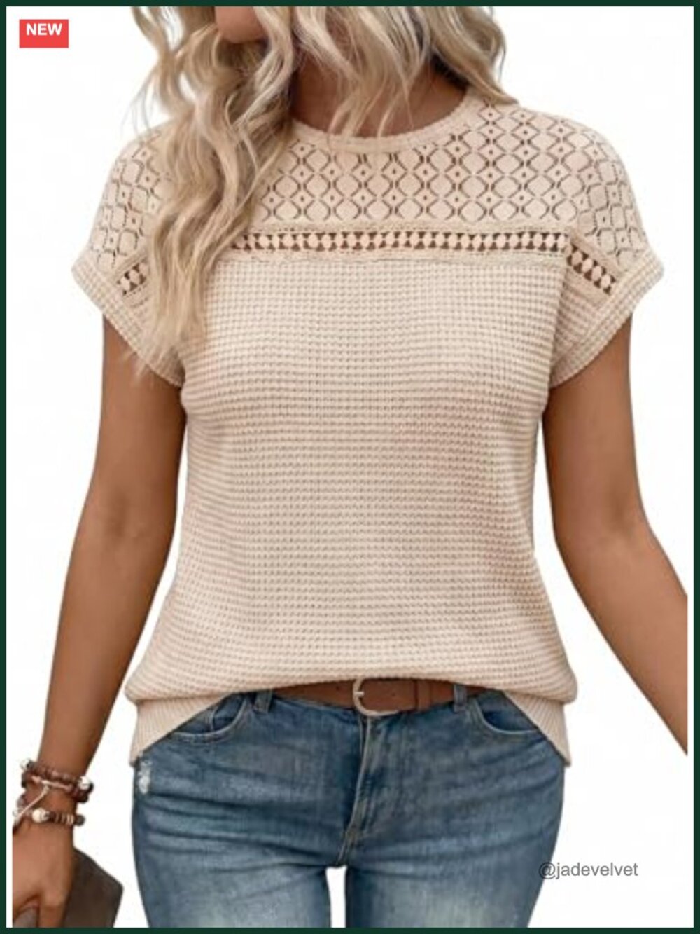 Women's Waffle Knit Short Sleeve Blouse Loose Fit Hollow Out Crew Neck Crochet